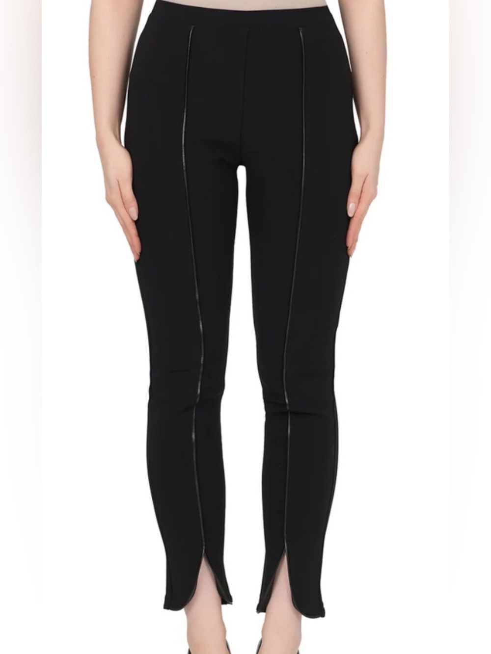 Joseph Ribkoff Black High Rise Slim Leg Pants Front Zip Piping Ankle Slit Sz 8